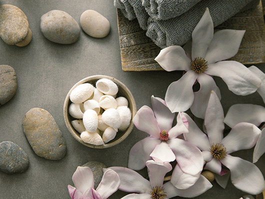 Links im Bild runde Kieselsteine, in der Mitte ein Schälchen mit weißen Blüten, oben rechts aufgerollte graue Handtücher auf einer Holschale, rechts im Bild weißen Orchideenblüten