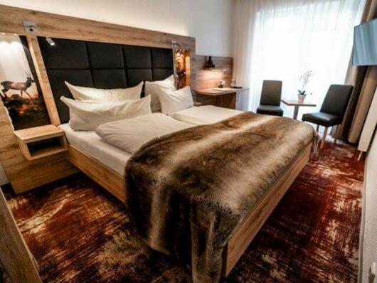 . Doppelbett mit vier Kissen und weicher Decke, zwei Stühle und Wandfernseher